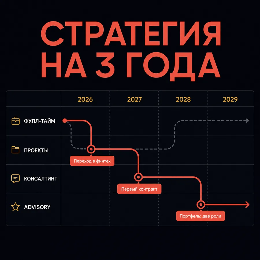 Стратегия на 3 года: таймлайн из фулл-тайма через проекты и консалтинг к advisory, портфель из двух ролей